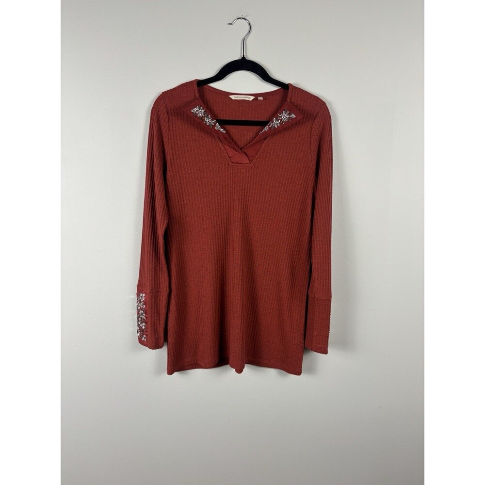 Soft Surroundings Womens Size XS Waffle Knit Burnt Orange Jeweled Top - EUC